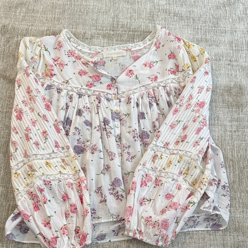 Women’s Love Shack Fancy Floral Long-Sleeve White with Pink & Purple Flowers